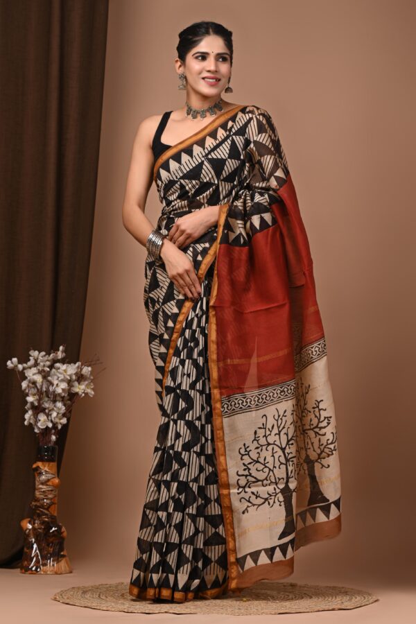 Traditional Heritage Bagru Chanderi Silk Saree with Natural Texture