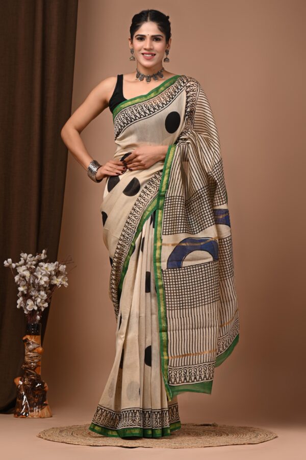 Natural Dye Handcrafted Bagru Chanderi Silk Saree with Elegant Flow