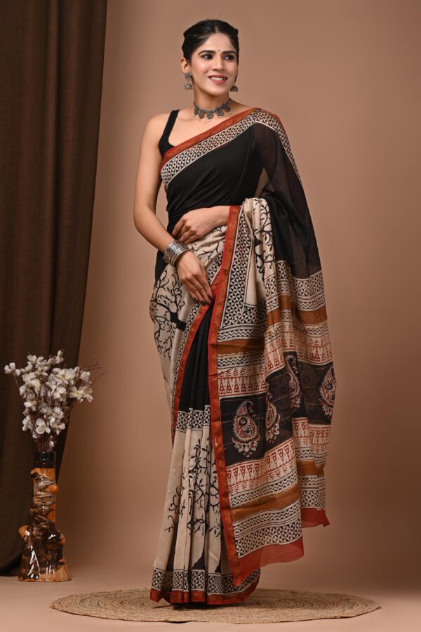 Pure Craft Natural Dye Bagru Chanderi Silk Saree with Soft Feel