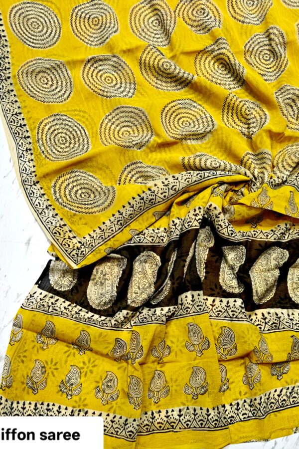 Bright Gold Block Printed Chiffon Saree