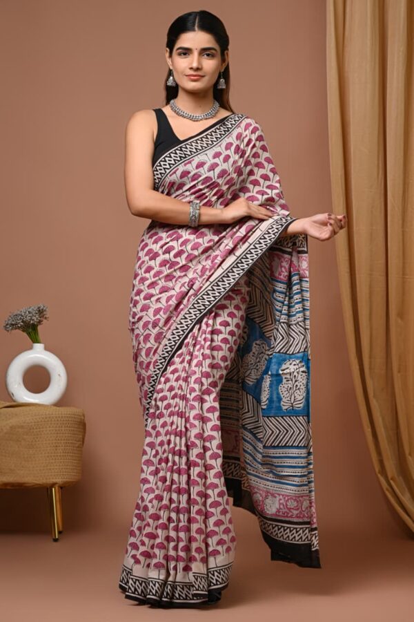 Bagru Hand Block Printed Mul Mul Cotton Saree