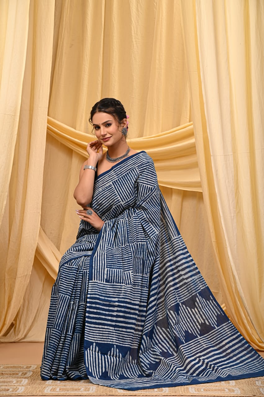 Bagru Floral Motif Cotton Saree