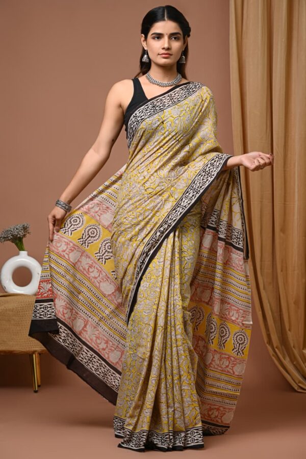 Ethnic Bagru Printed Mul Mul Saree