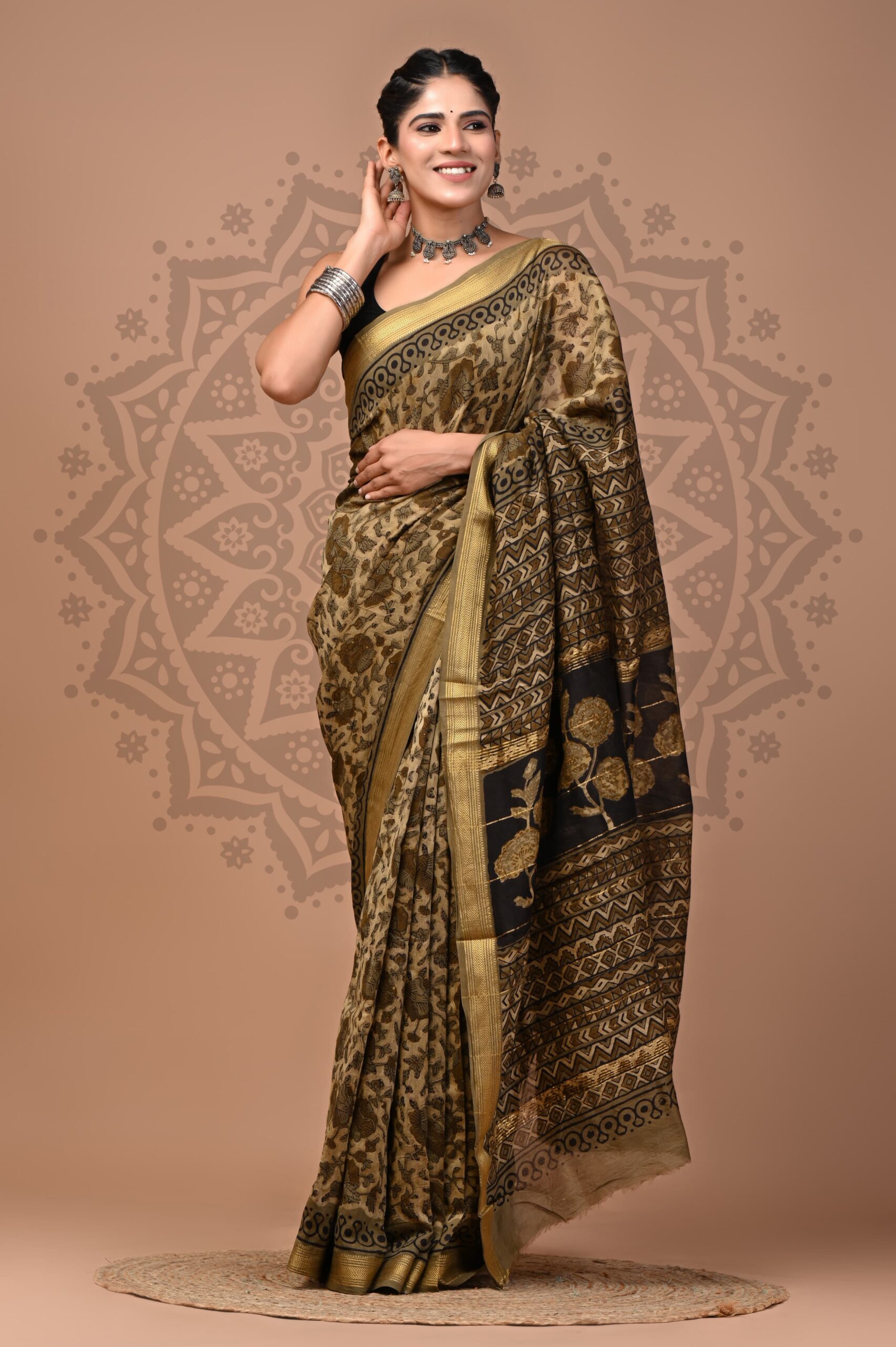 Dark Sand Ajrakh Maheshwari Silk Saree