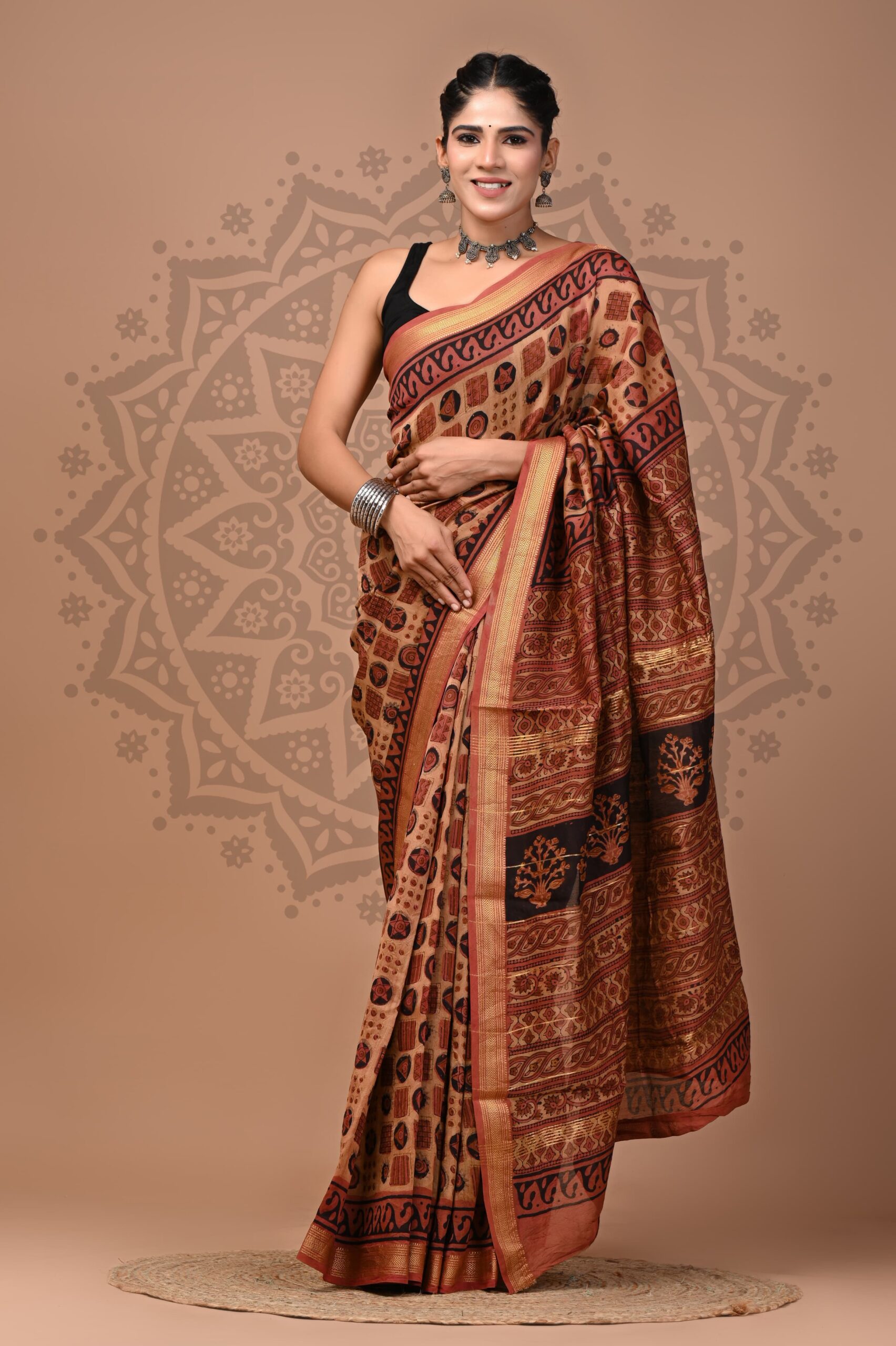 Mocha Ajrakh Maheshwari Silk Saree