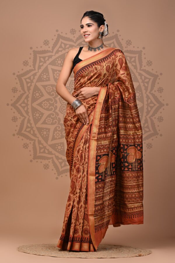 Pale Copper Ajrakh Maheshwari Silk Saree