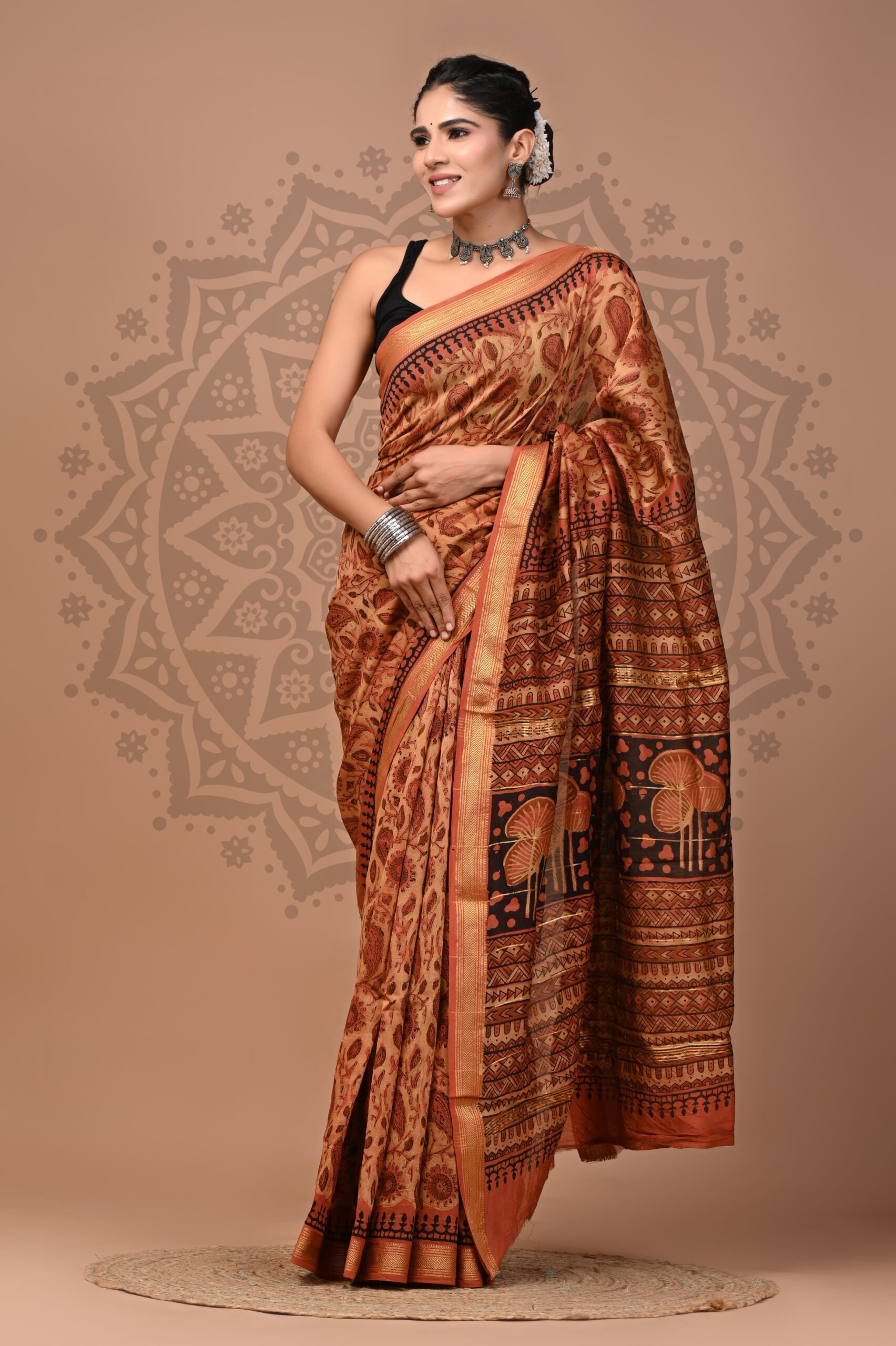 Pale Copper Ajrakh Maheshwari Silk Saree