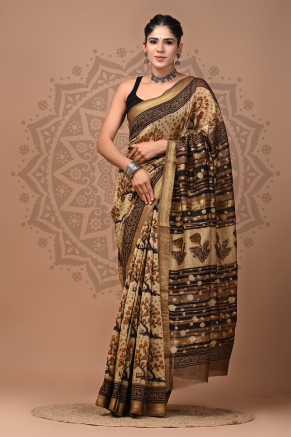Irish Coffee Ajrakh Maheshwari Silk Saree