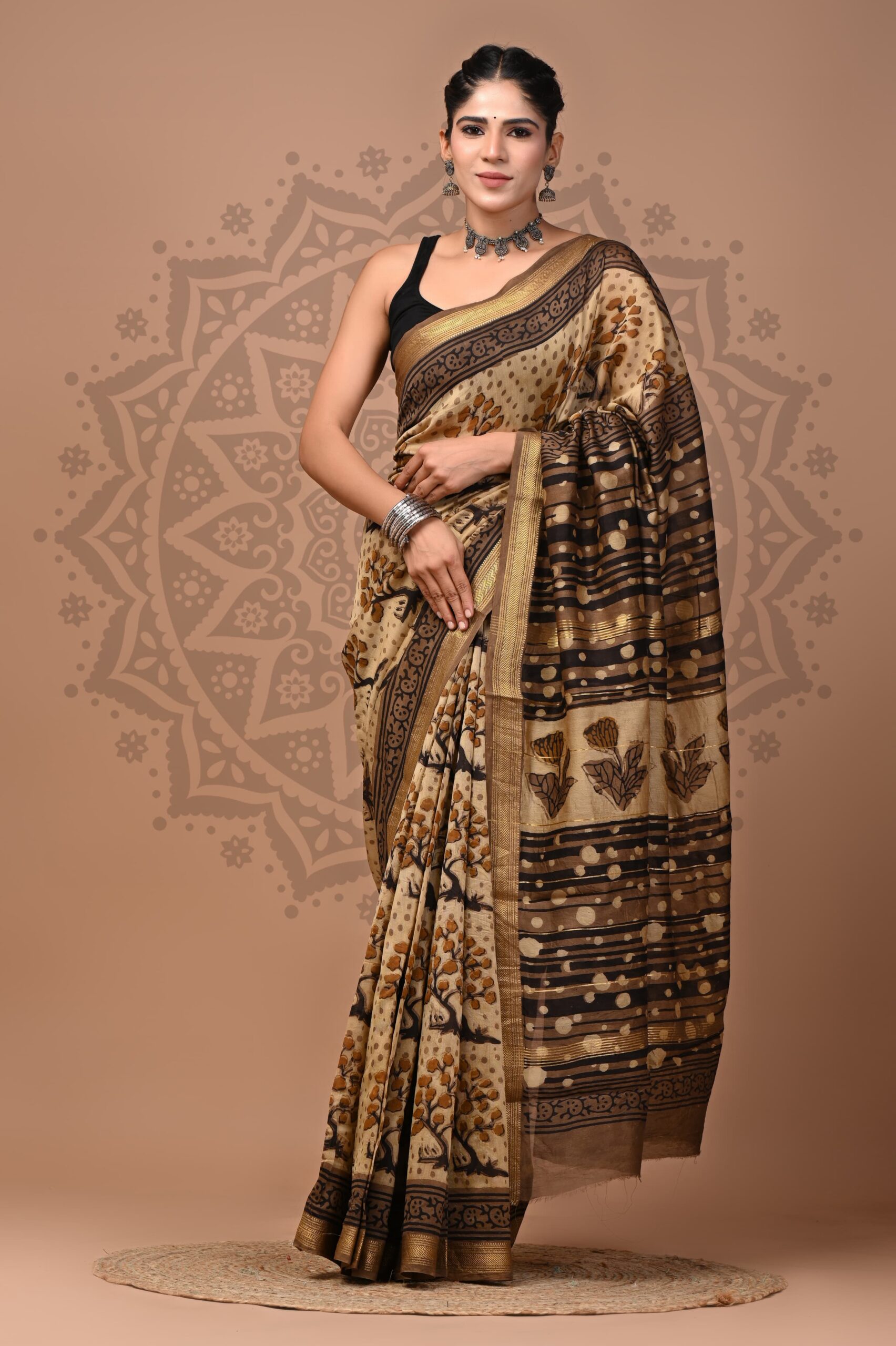 Irish Coffee Ajrakh Maheshwari Silk Saree