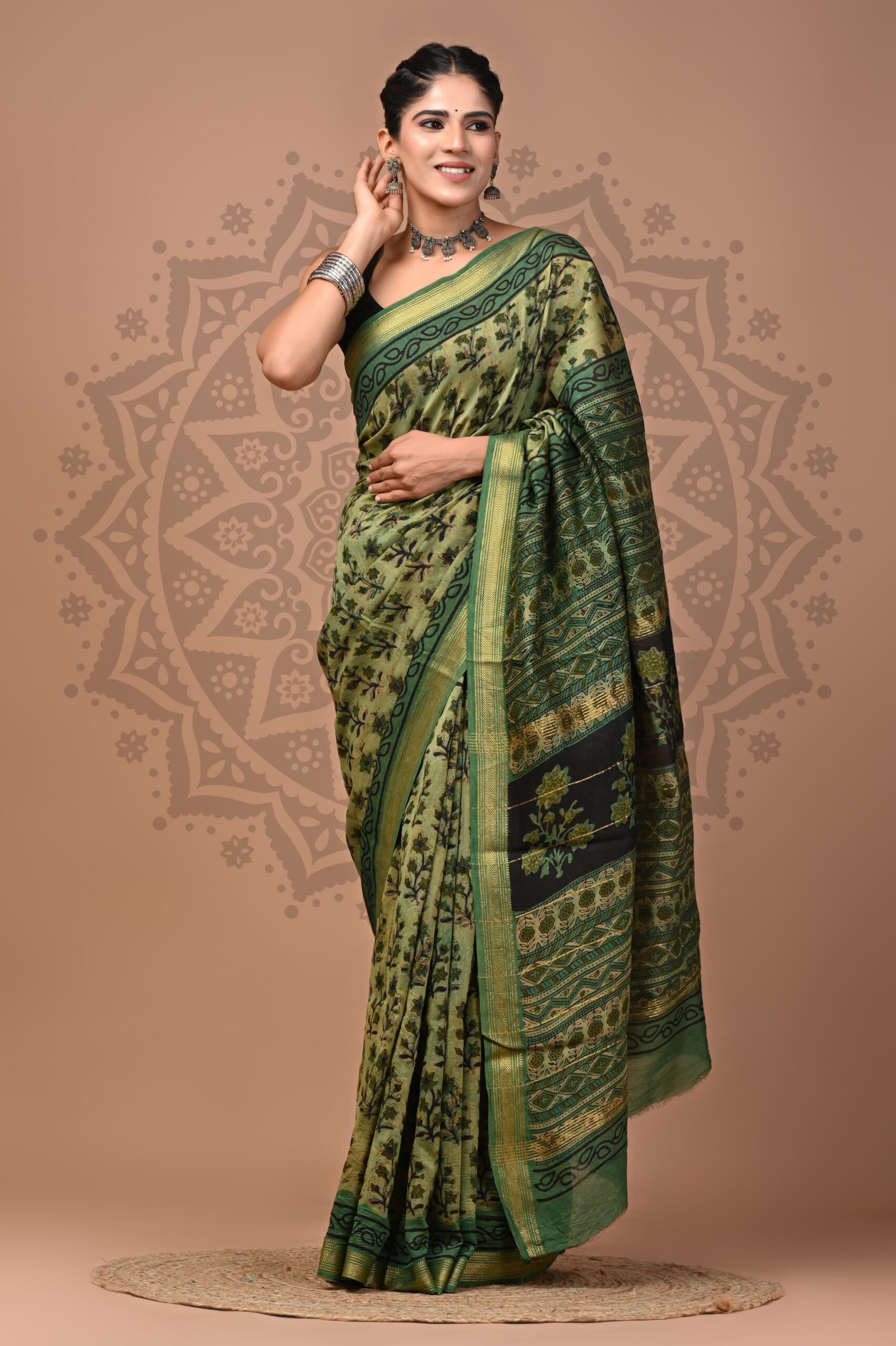 Brown Grey Ajrakh Vanaspati Maheshwari Silk Saree