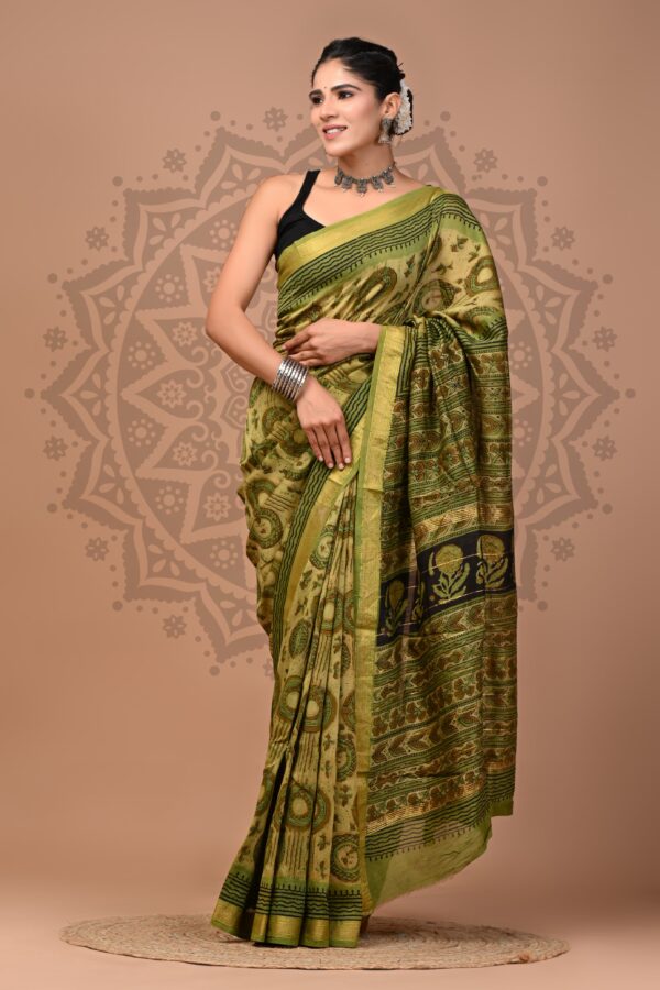 Husk Ajrakh Vanaspati Maheshwari Silk Saree