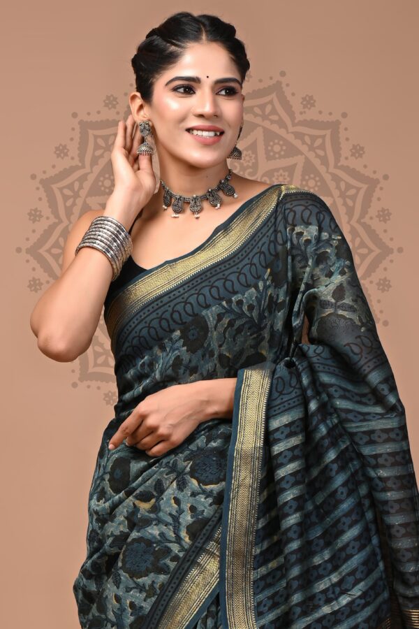 Granite Green Ajrakh Vanaspati Printed Maheshwari Silk Saree