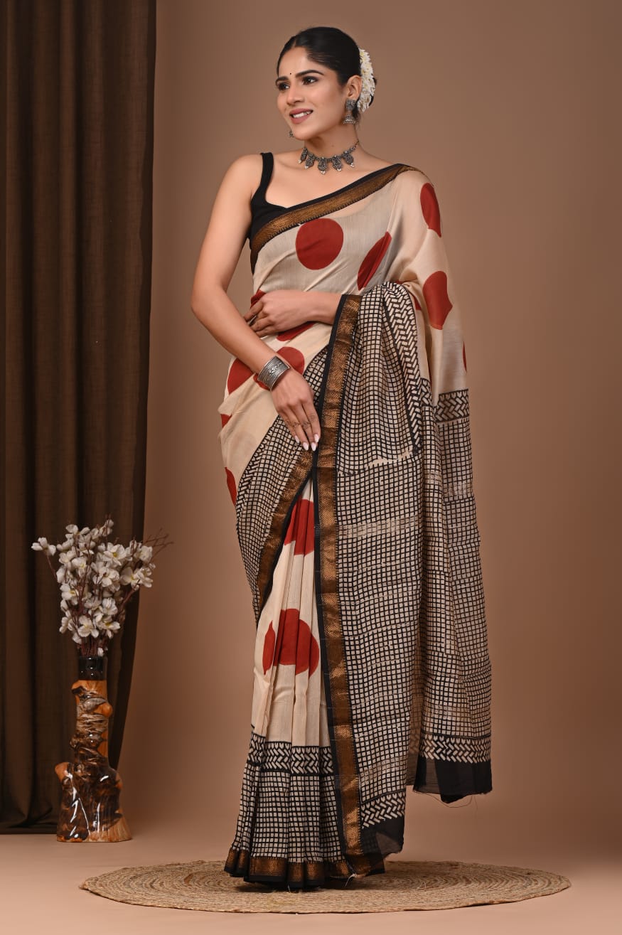 Bagru Printed Maheshwari Silk Saree