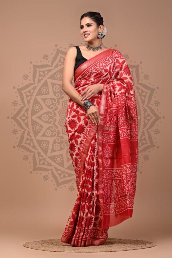 Hand Block Printed Maheshwari Silk Saree