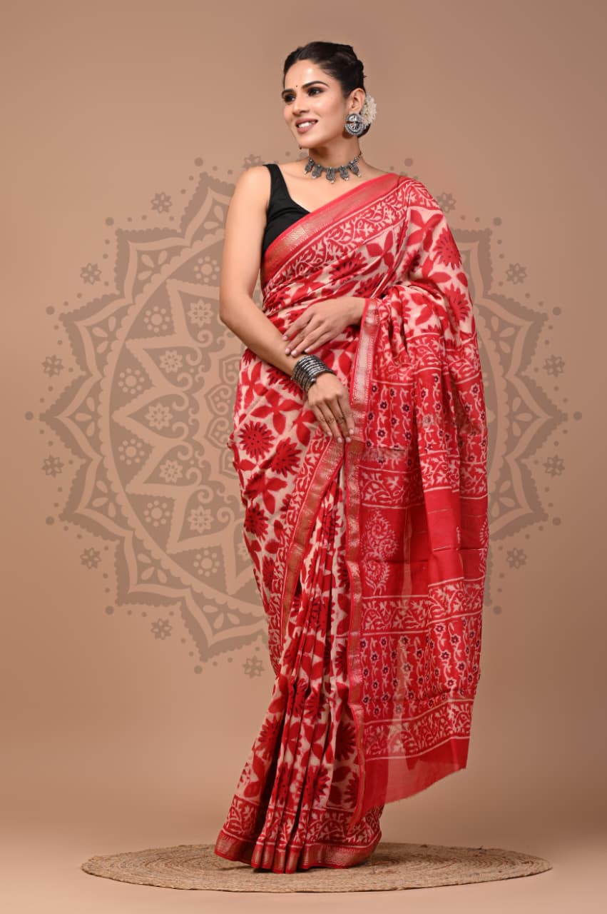 Hand Block Printed Maheshwari Silk Saree