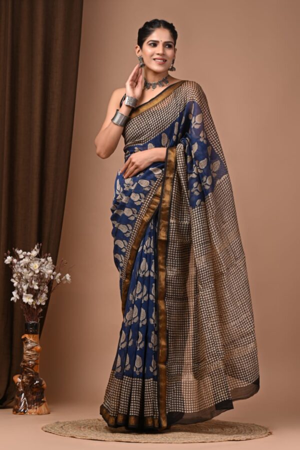 Elegant Bagru Printed Maheshwari Silk Saree