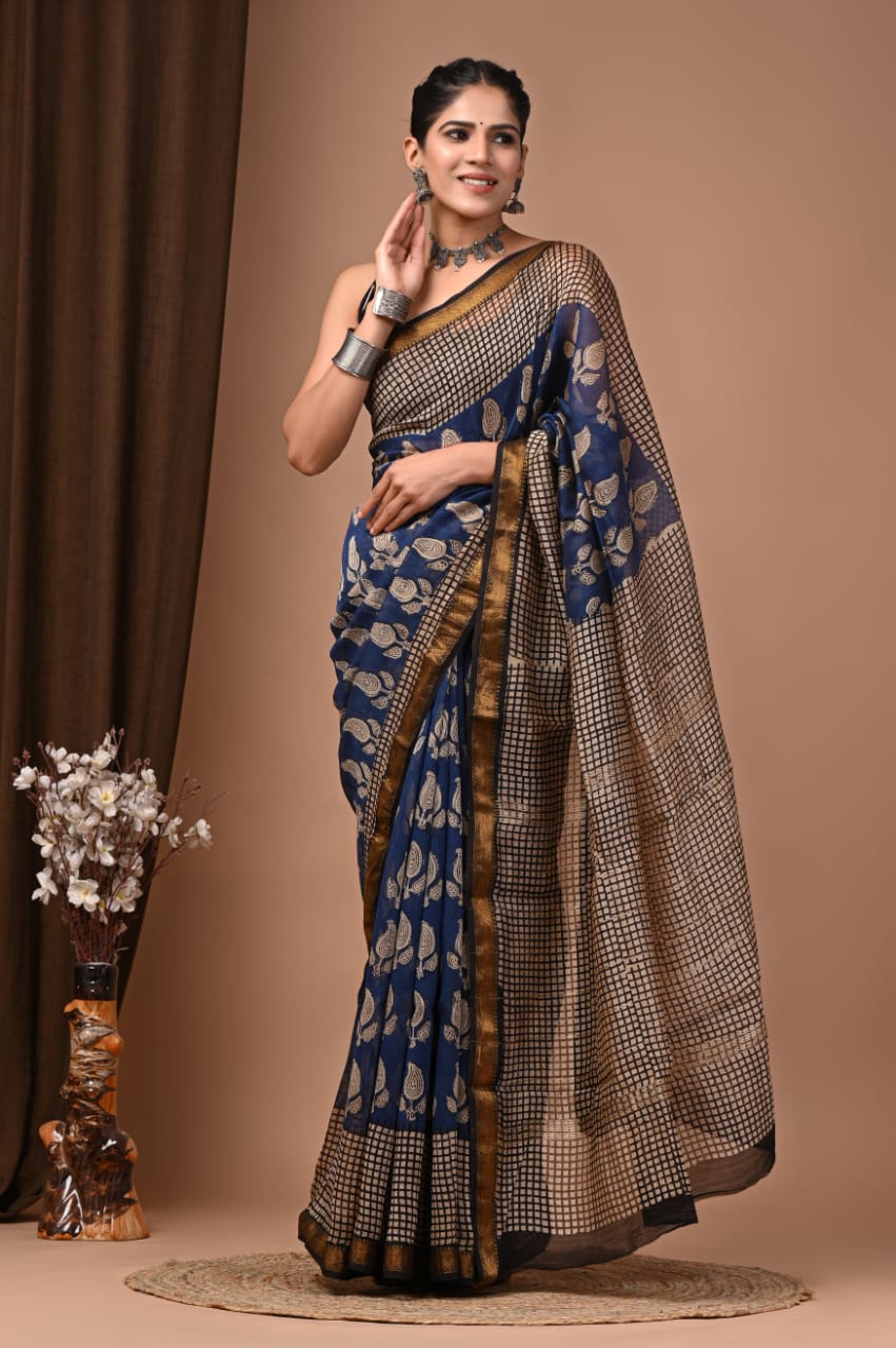 Elegant Bagru Printed Maheshwari Silk Saree