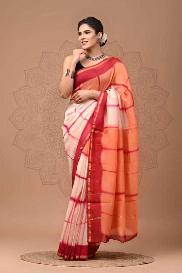 Brick Red Linen Cotton Saree Bagru Block Printed