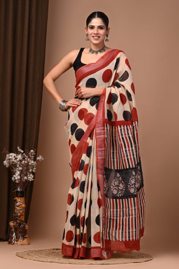 Off White Linen Cotton Saree Polka Dot – Hand Block Print