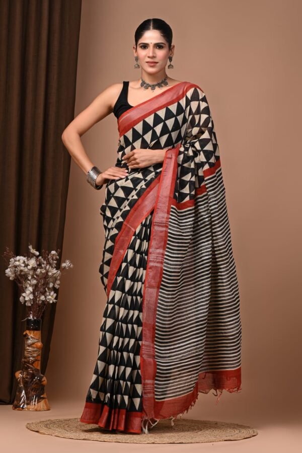Off White Linen Cotton Saree Triangle Geometric – Hand Block Print