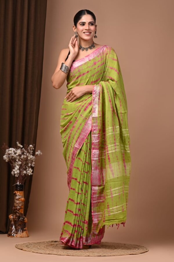 Parrot Green Linen Cotton Saree Tie-Dye – Shibori Print