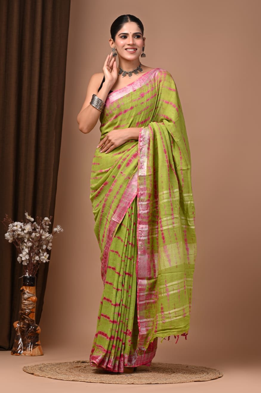 Parrot Green Linen Cotton Saree Tie-Dye – Shibori Print