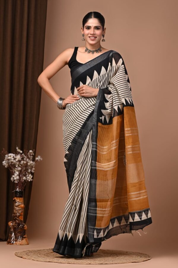 Off White Linen Cotton Saree Temple Stripe – Hand Block Print