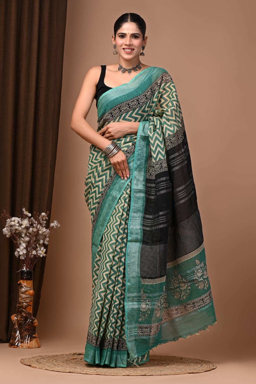 Teal Green Linen Cotton Saree Chevron Zigzag – Hand Block Print