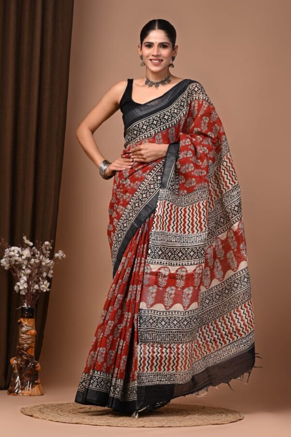 Rust Red Linen Cotton Saree Floral Vine – Ajrakh Print