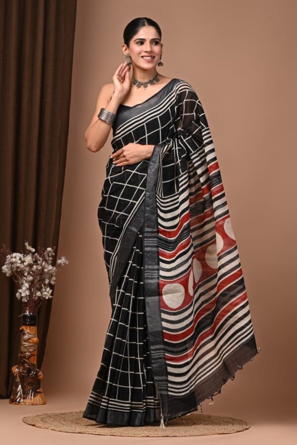 Black Linen Cotton Saree Grid Check – Hand Block Print