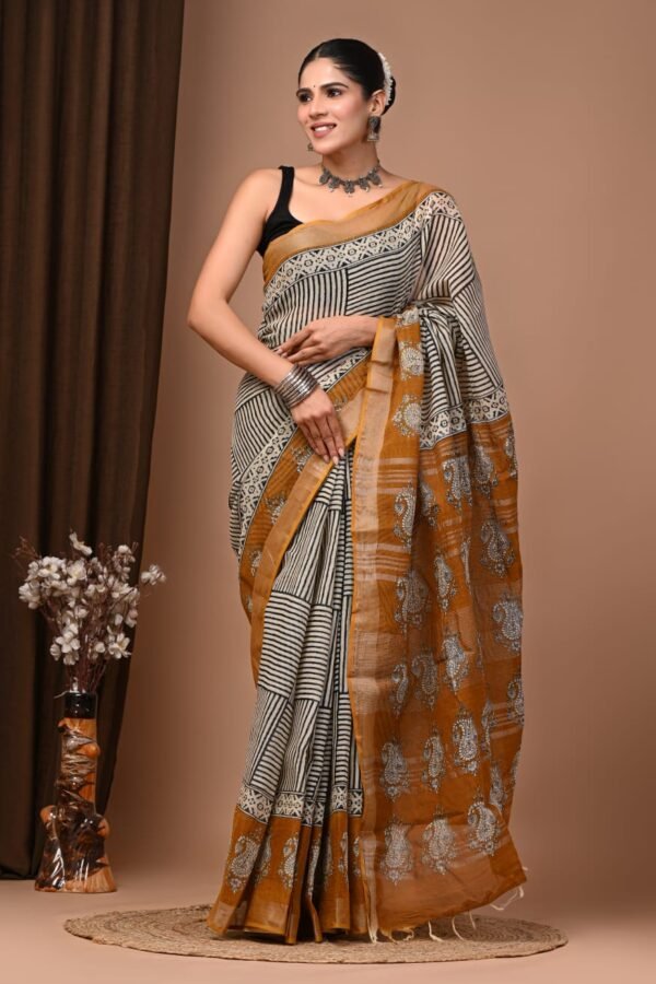 Off White Linen Cotton Saree Paisley Border – Hand Block Print