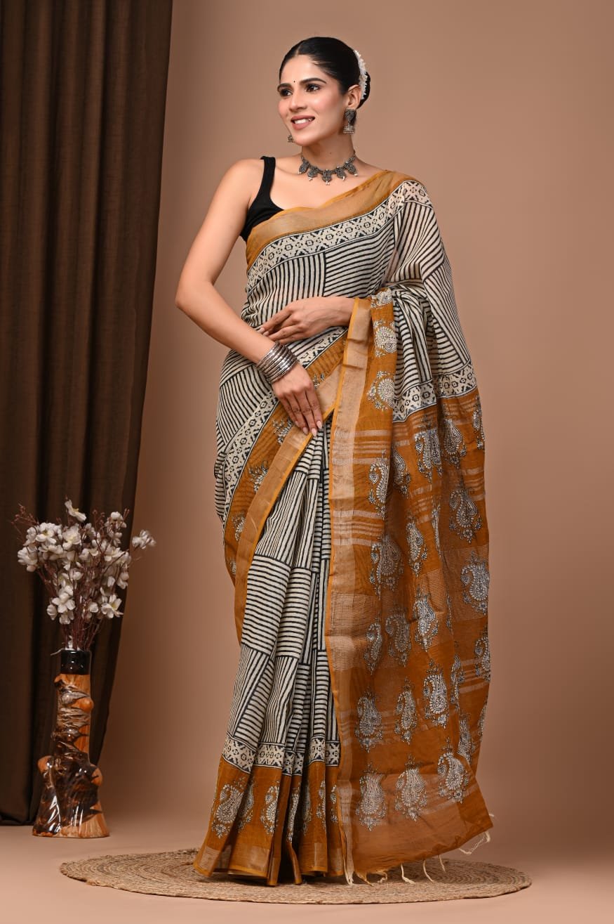 Off White Linen Cotton Saree Paisley Border – Hand Block Print