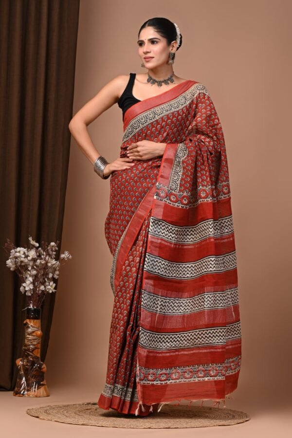 Rust Red Linen Cotton Saree Floral Booti – Ajrakh Print
