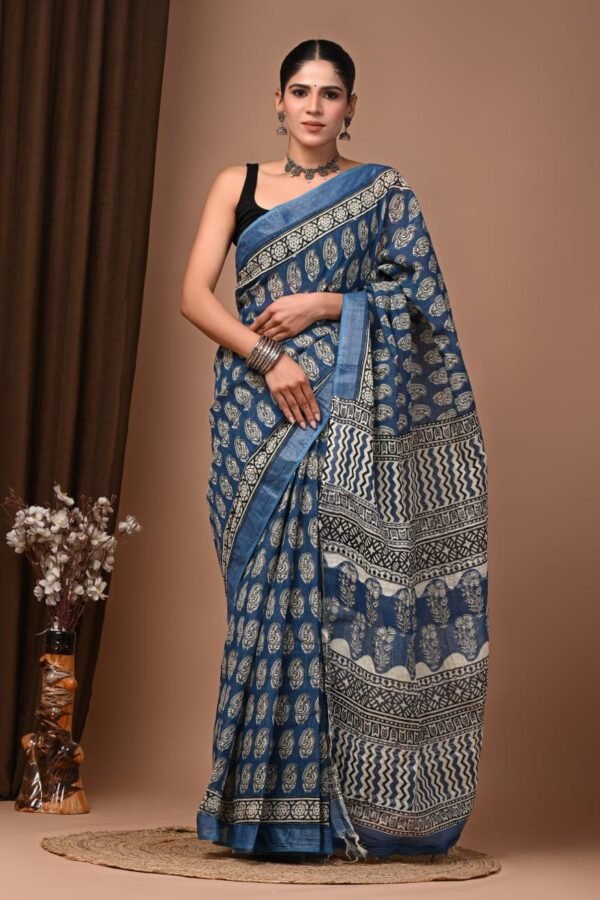 Indigo Blue Linen Cotton Saree Paisley – Dabu Print