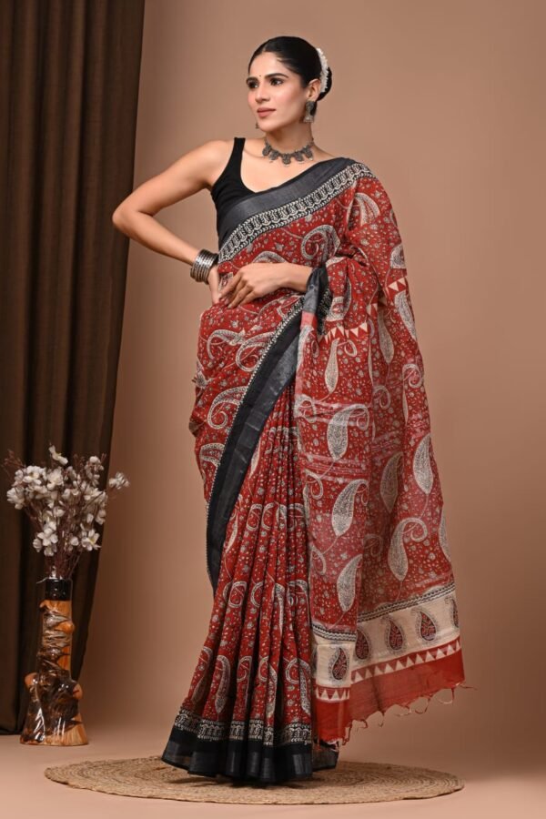 Maroon Linen Cotton Saree Paisley – Ajrakh Print