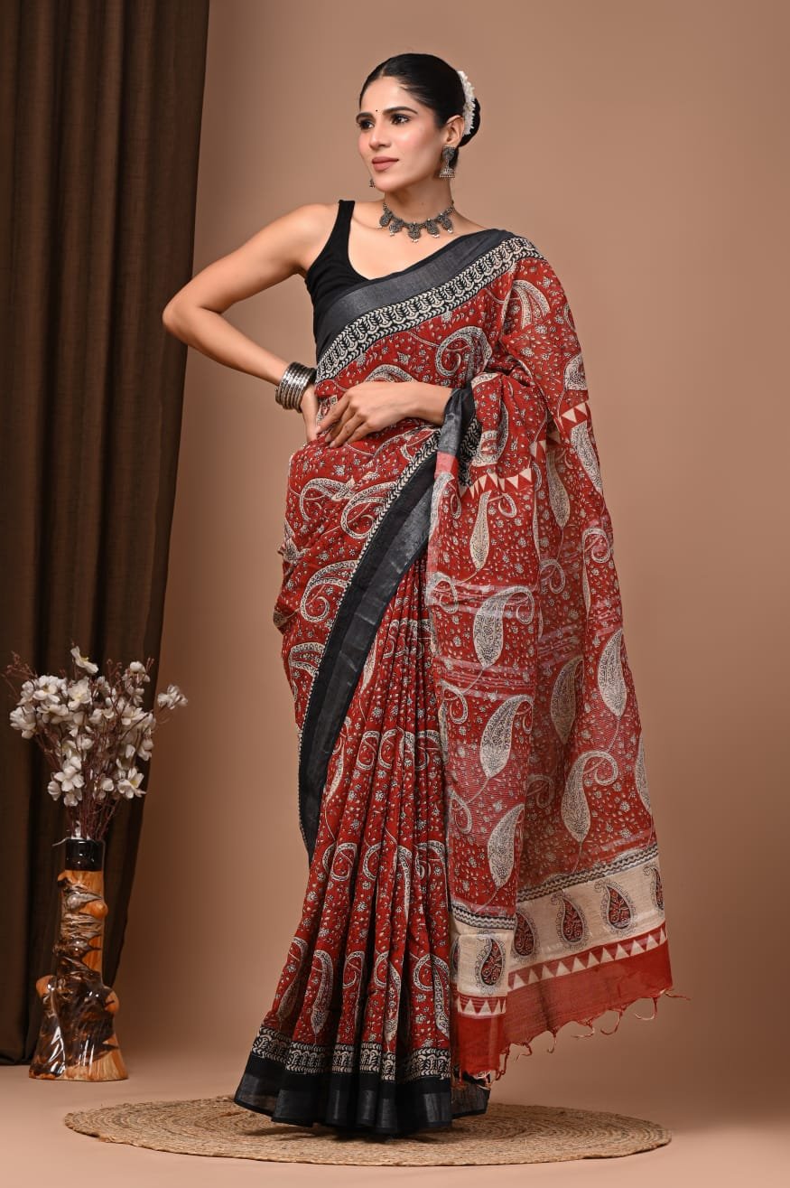Maroon Linen Cotton Saree Paisley – Ajrakh Print