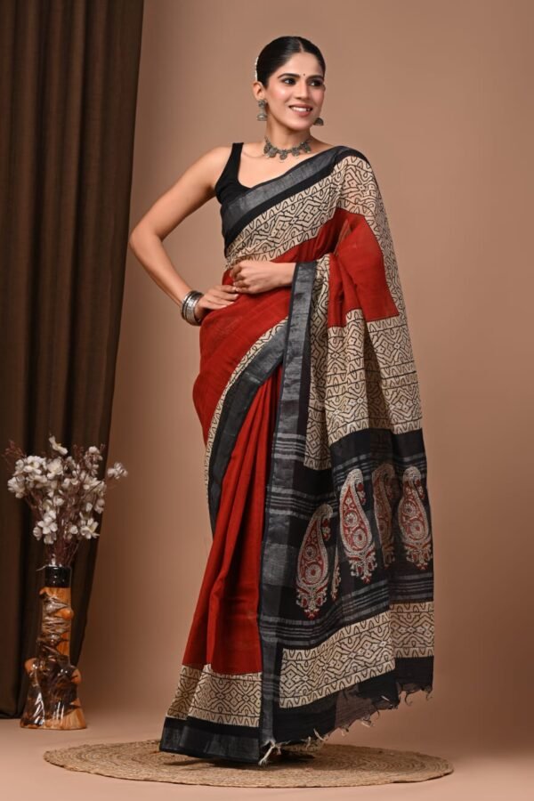 Red Putai Bagru Block Print Linen Cotton Saree