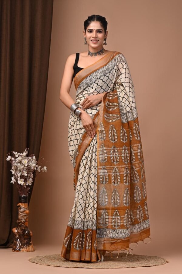 Light Apricot Linen Cotton Saree Bagru Block Printed