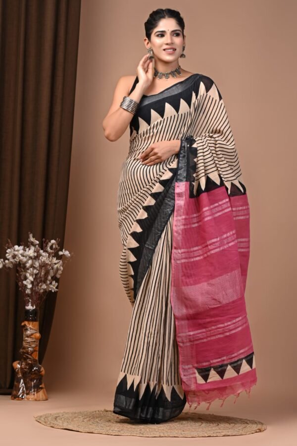 Rodeo Dust Hand Block Linen Cotton Saree – Bagru Made