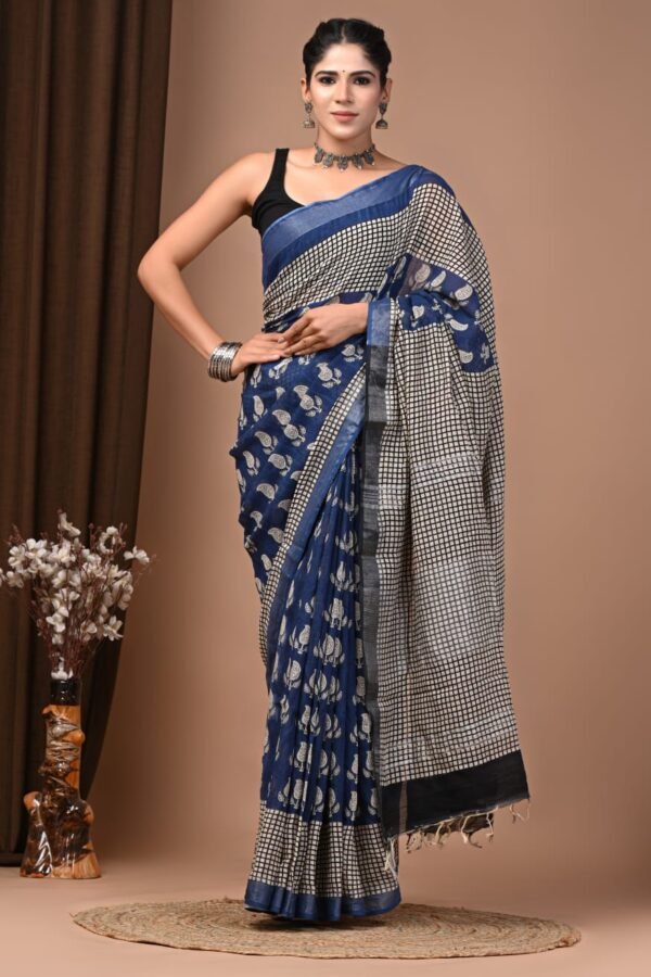Indigo Blue Linen Cotton Saree Paisley – Dabu Print