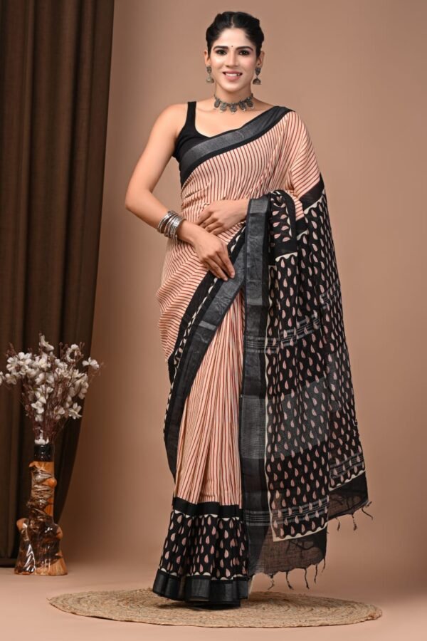 Black Linen Cotton Saree Temple Border Print – Hand Block Print