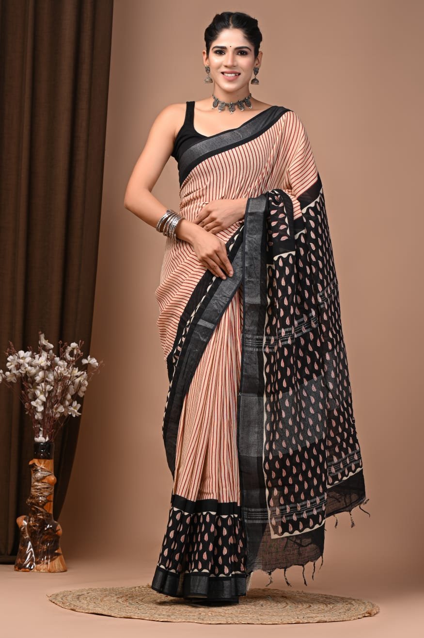 Black Linen Cotton Saree Temple Border Print – Hand Block Print