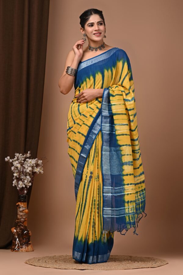 Yellow Shibori Linen Cotton Saree – Bagru Made