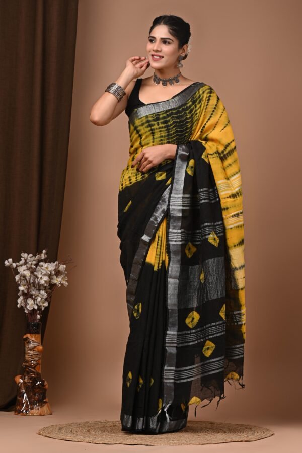 Black Linen Cotton Saree Wave Diamond – Shibori Print