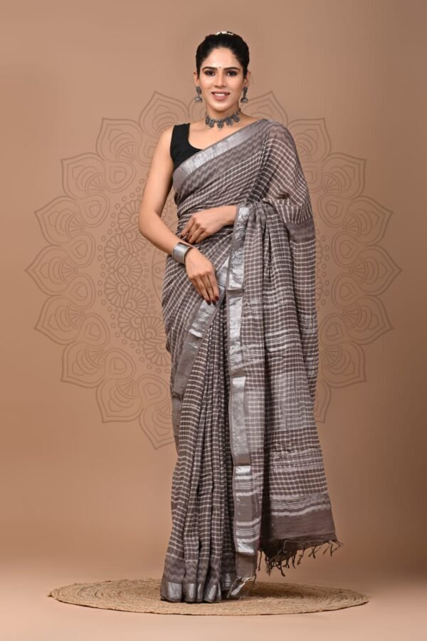 Grey Linen Cotton Saree Check Stripe – Hand Block Print