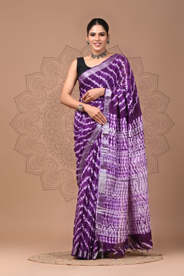 Purple Linen Cotton Saree Diagonal Wave – Shibori Print