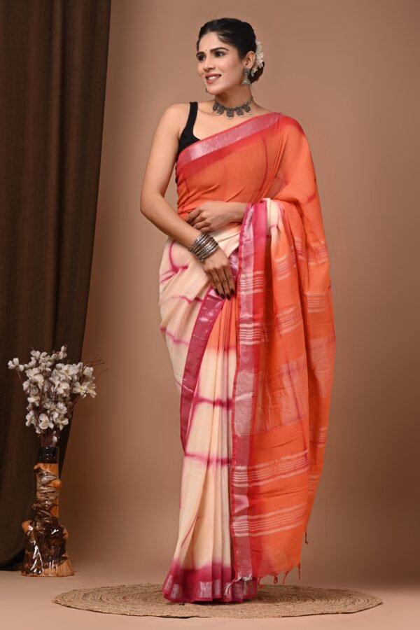Coral Linen Cotton Saree Grid Check – Shibori Ombre Print
