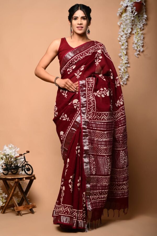 Maroon Linen Cotton Saree Floral Vine – Ajrakh Print