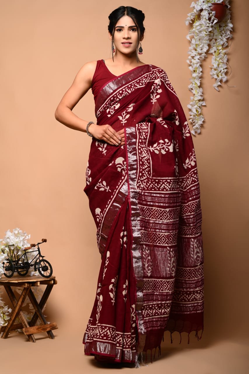 Maroon Linen Cotton Saree Floral Vine – Ajrakh Print
