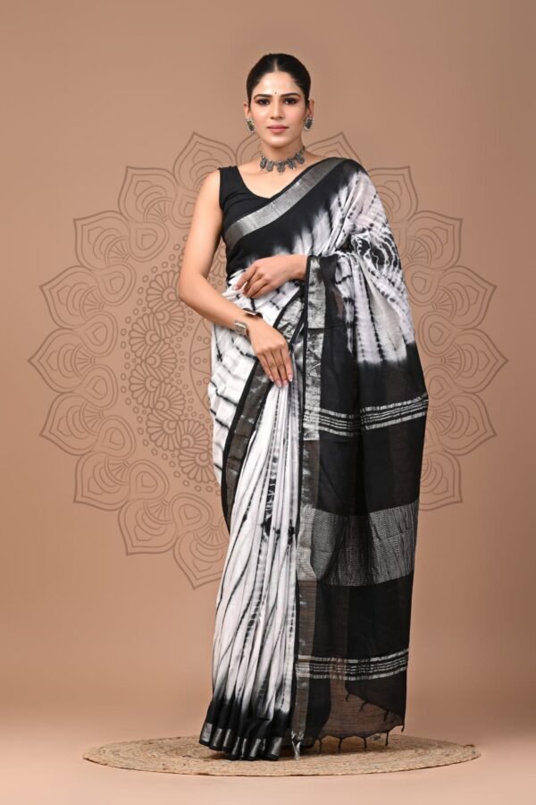 White Shibori Linen Cotton Saree – Bagru Print